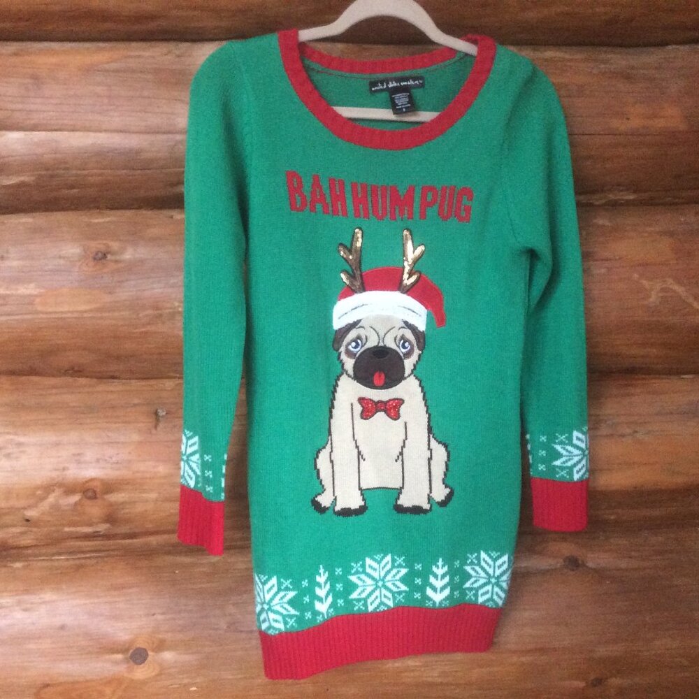 Holiday Bah Hum Pug Fair Isle Festive Green Red Ugly Christmas Sweater SZ Small